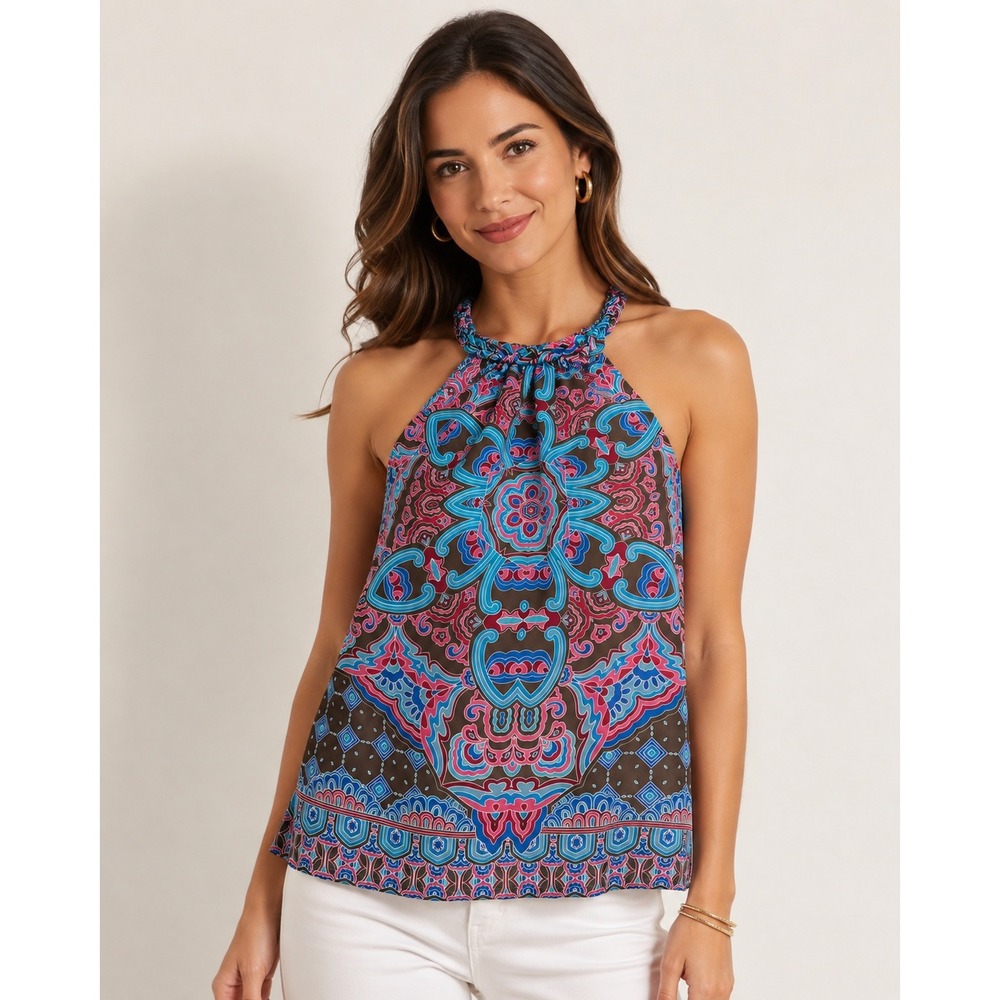Etcetera Silk Halter Top Women 2 Pink Blue Excellent Braided Neck Paisley Boho